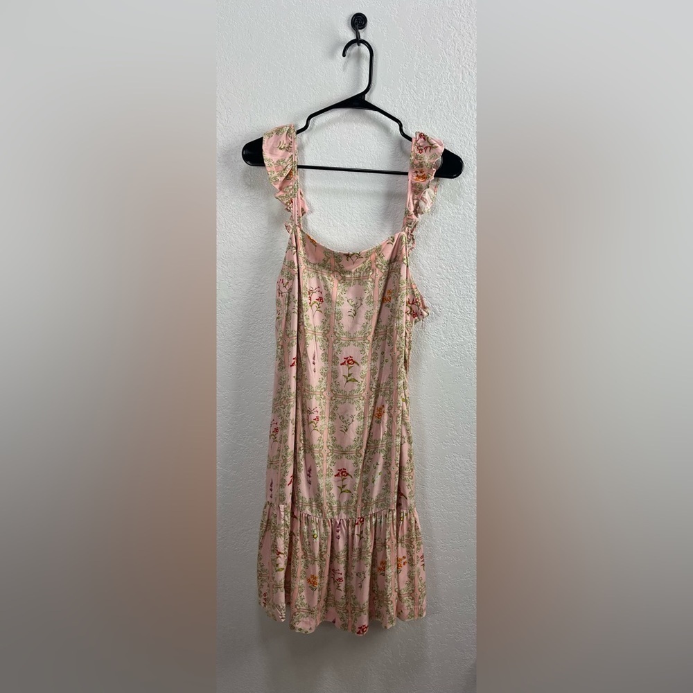 Agua Bendita Pink Floral Ruffled Dress Sz 1X Sleeveless Side Zip feminine TC0658